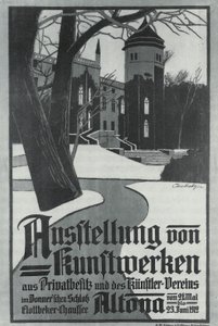 Reproducción en blanco y negro de un cartel de exposición de Carl Rathjen